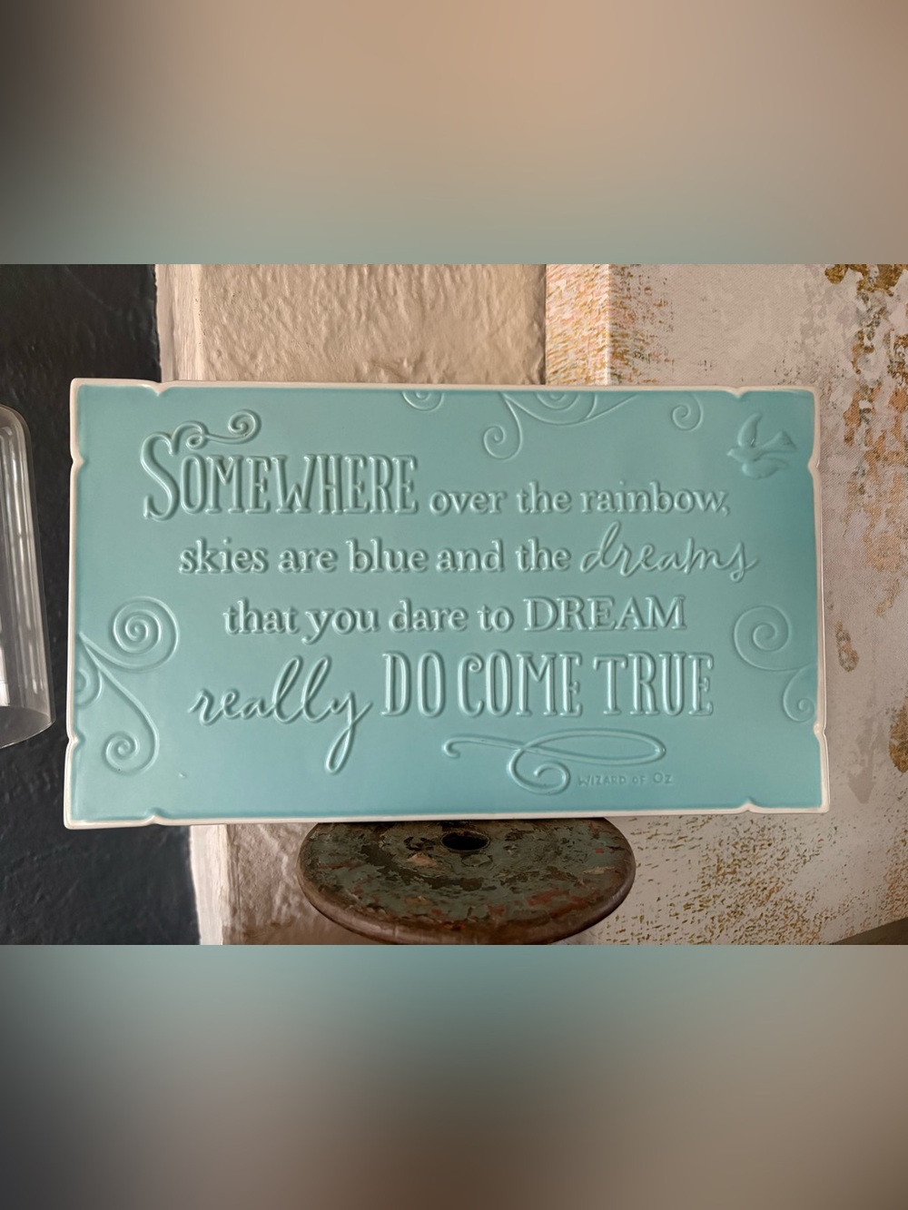 Vintage Hallmark Somwhere Over the Rainbow Tiffany Blue Ceramic Wall Hanging Art